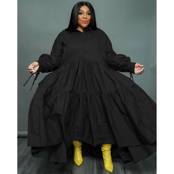 Plus Size Long Sleeve Button Down Maxi Dress Ruffle Hem Casual Beach Wear - Picture 2 of 5